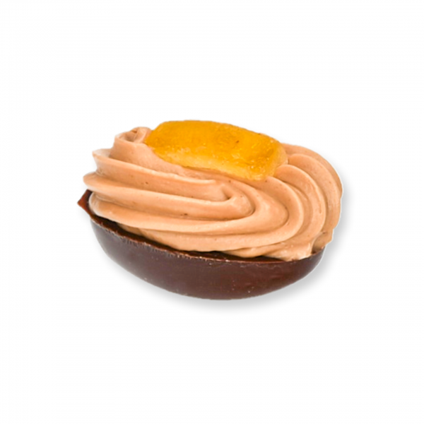 Vollmilch-Schokolade-Ei mit Orangen-Marzipan-Fülle und dressiertem Mandel-Orangen-Nougat